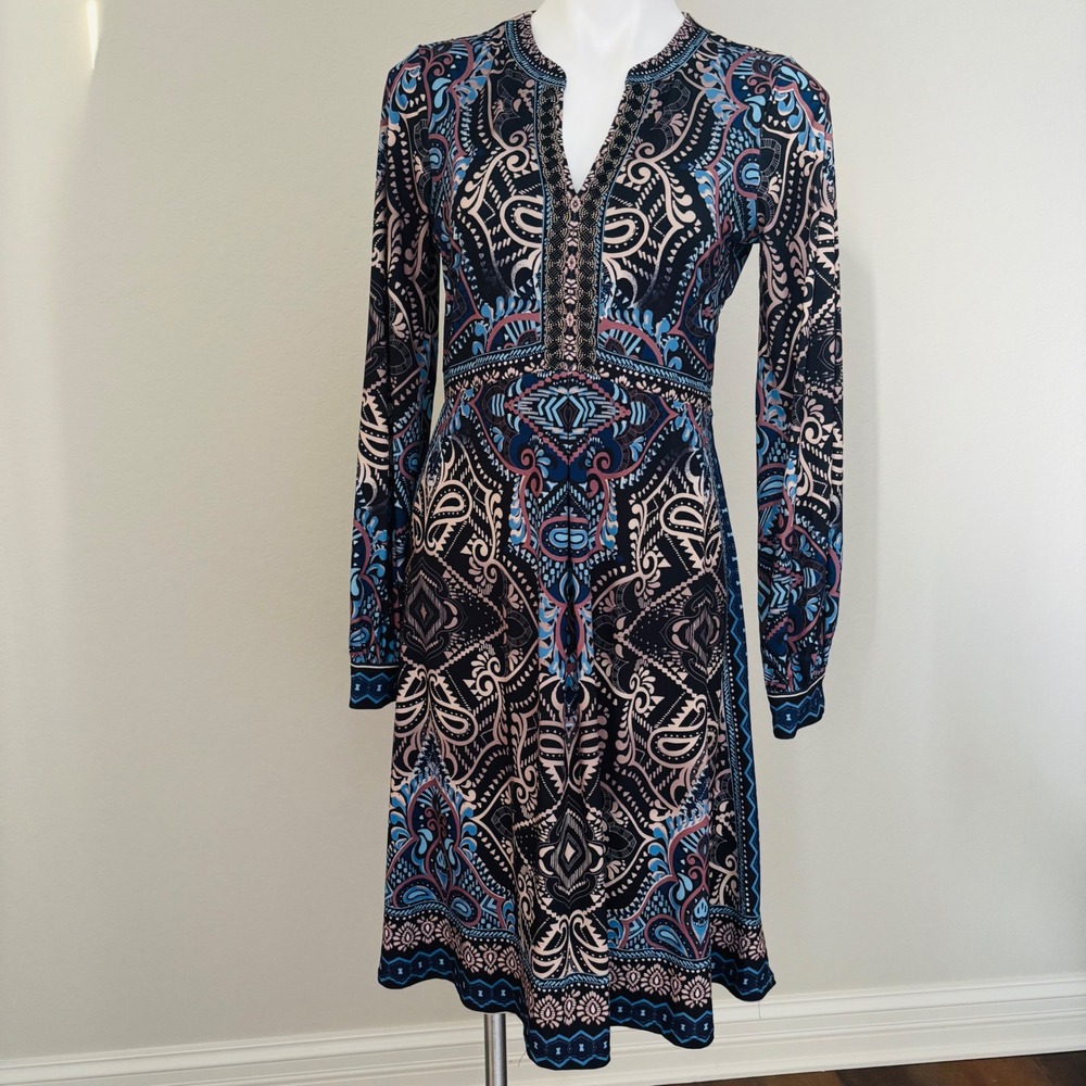 Hale Bob Bohemian Jersey Beaded V Neck Paisley Geometric Dress Size Medium